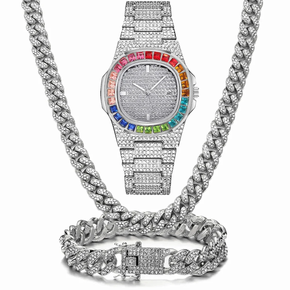 Luxury Watch Miami - Watch+Necklace+Bracelet Luxury Iced Out Men Hip