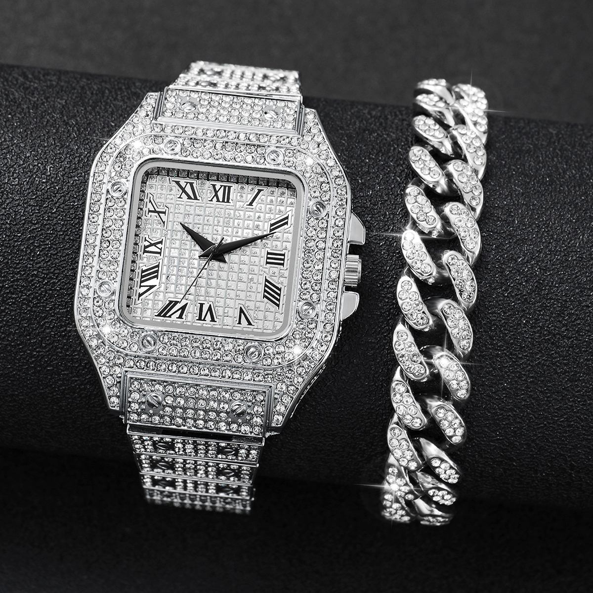 2PCS Iced Out Square Watch & C - Luxury Watch Deals avaliação e preço