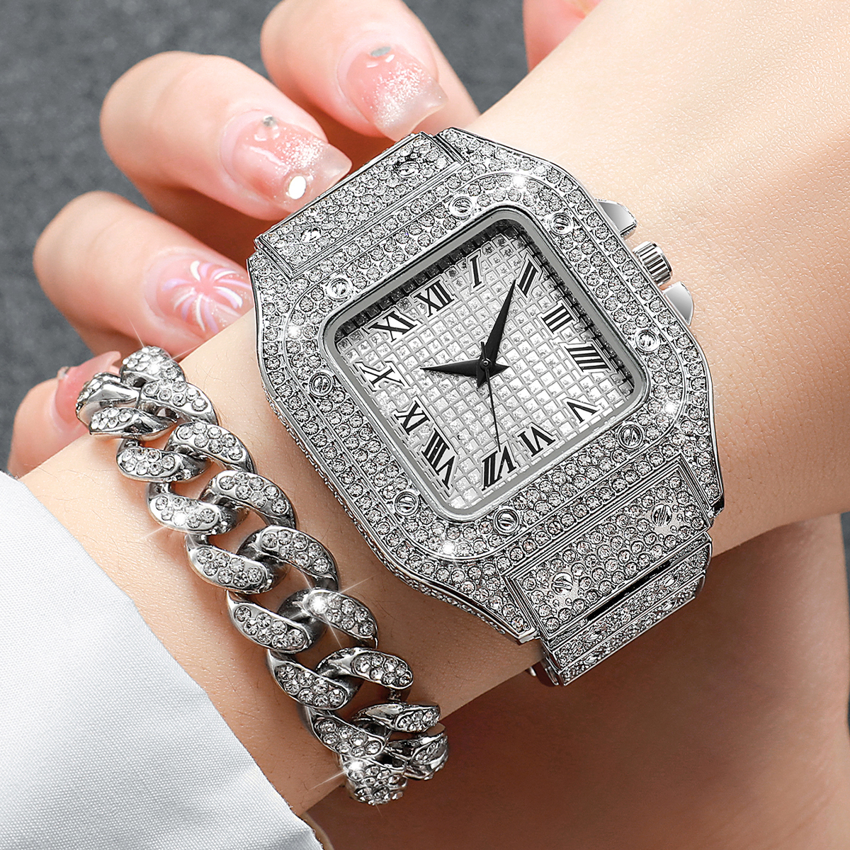 2PCS Iced Out Square Watch & C - Luxury Watch Deals avaliação e preço