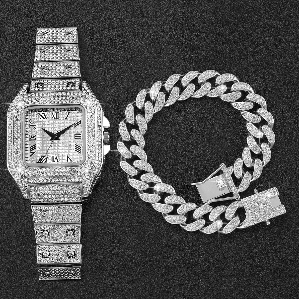 2PCS Iced Out Square Watch & C - Luxury Watch Deals avaliação e preço