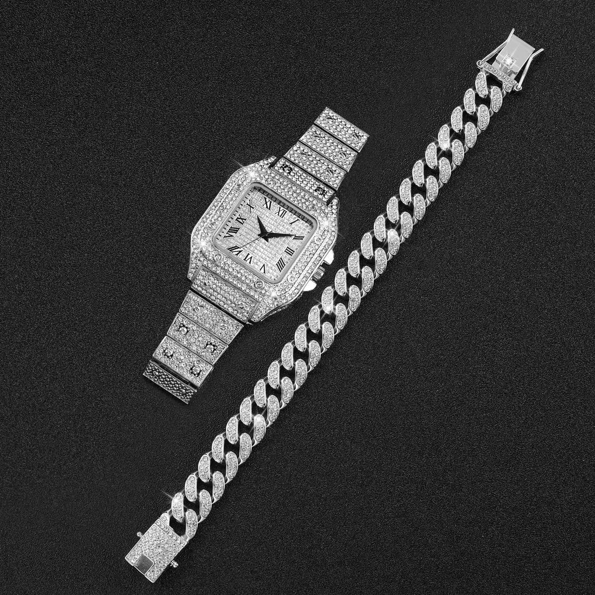 2PCS Iced Out Square Watch & C - Luxury Watch Deals avaliação e preço