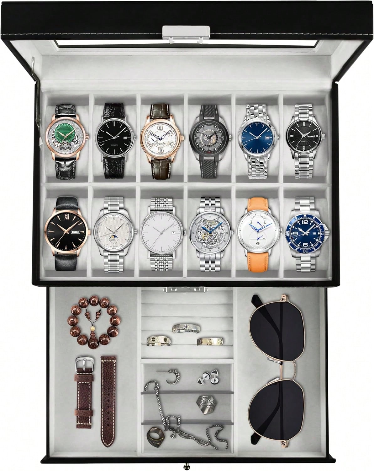 Luxury 12-Slot 2-Tier PU Leath - Luxury Watch Tier avaliação e preço