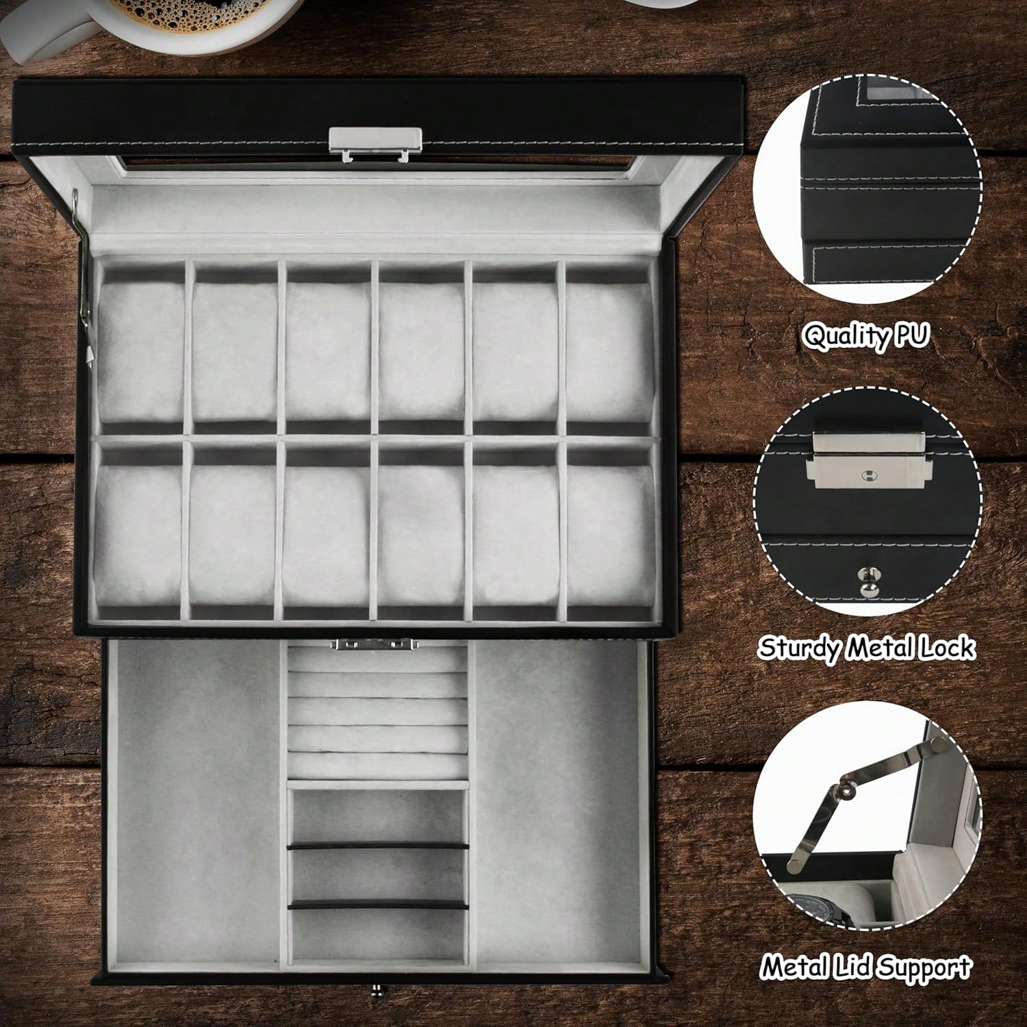 Luxury 12-Slot 2-Tier PU Leath - Luxury Watch Tier avaliação e preço